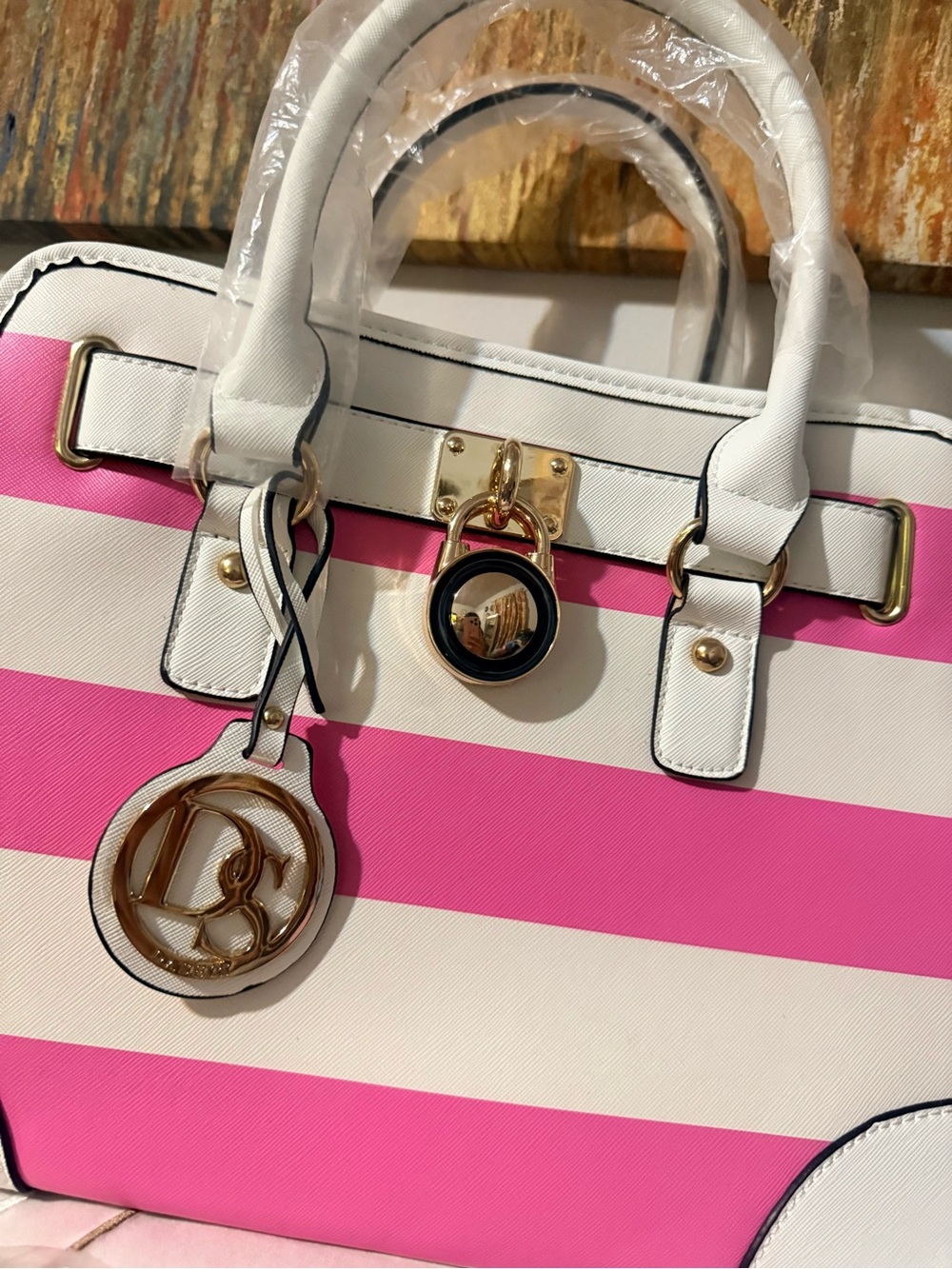 Pink & White Striped Satchel with Pink Wallet by - Picture 6 of 12